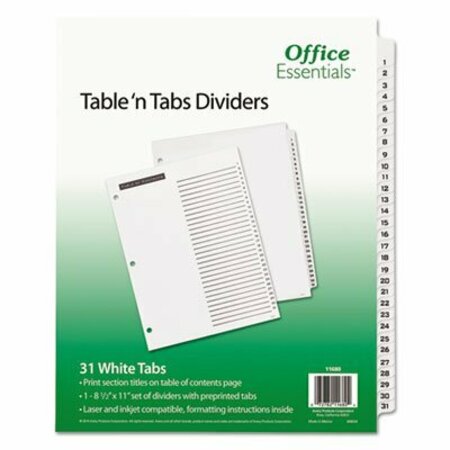 AVERY DENNISON Office Ess, TABLE 'N TABS DIVIDERS, 31-TAB, 1 TO 31, 11 X 8.5, WHITE 11680